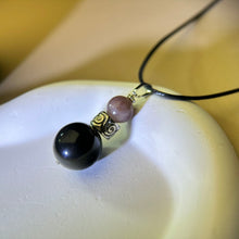 Load image into Gallery viewer, Rainbow Sheen Obsidian Rose Quartz Pendant Necklace 彩眼黑曜石粉水晶吊坠项链