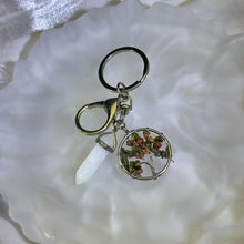 Load image into Gallery viewer, Clear Quartz Wand Brecciated Jasper Tree of Life Ornament Key Ring Bag Charm 白水晶双尖六棱柱花绿石生命之树挂式钥匙扣包挂