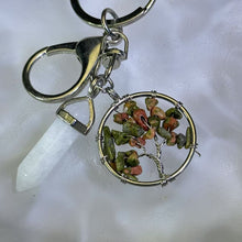 Load image into Gallery viewer, Clear Quartz Wand Brecciated Jasper Tree of Life Ornament Key Ring Bag Charm 白水晶双尖六棱柱花绿石生命之树挂式钥匙扣包挂