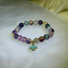 Load image into Gallery viewer, Rainbow Fluorite Evil Eye Cross Bracelet 彩虹萤石恶魔之眼十字架手串