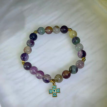 Load image into Gallery viewer, Rainbow Fluorite Evil Eye Cross Bracelet 彩虹萤石恶魔之眼十字架手串
