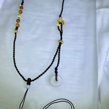 Load image into Gallery viewer, Handmade Chocolate Brown Necklace Cord with White Jadeite Lucky Donut 白色翡翠平安扣深褐色手编项链绳