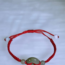 Load image into Gallery viewer, Translucent Green Jadeite Lucky Donut Handwoven Bracelet 糯种油青翡翠平安扣手编手链