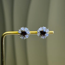 Load image into Gallery viewer, Almandine Garnet Sunflower Silver Stud Earrings 酒红石榴石镶嵌太阳花银耳钉