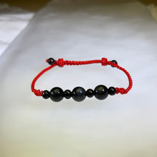 Load image into Gallery viewer, Rainbow Sheen Obsidian Ebony Red String Bracelet 彩眼黑曜石黑檀木红绳手链