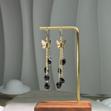 Load image into Gallery viewer, Golden Sheen Obsidian Butterfly Drop Earrings 金眼黑曜石蝴蝶耳坠