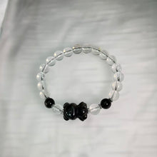 Load image into Gallery viewer, Silver Sheen Obsidian Bear Clear Quartz Beaded Bracelet 银眼黑曜石小熊白水晶手串