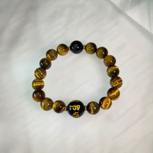 Load image into Gallery viewer, Yellow Tiger's Eye Rainbow Sheen Obsidian Mantra Bracelet 黄虎眼石彩眼黑曜石六字真言手串