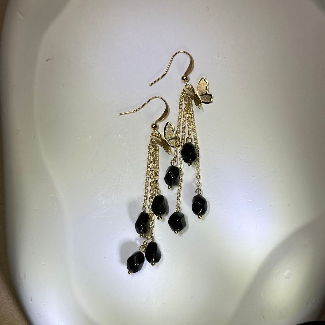 14K Gold Filled Rainbow Sheen Obsidian Earrings 彩眼黑曜石14K注金耳钩