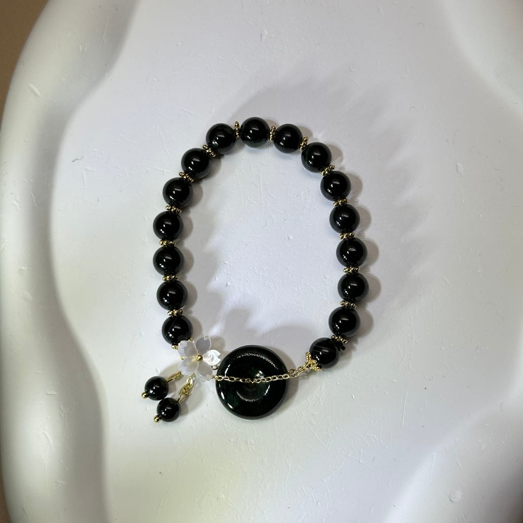 Black Jade Lucky Buckle Beads Bracelet 糯种墨翠翡翠平安扣手串