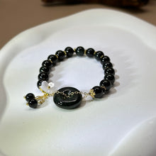 将图片加载到图库查看器，Black Jade Lucky Buckle Beads Bracelet 糯种墨翠翡翠平安扣手串
