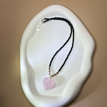 将图片加载到图库查看器，Rose Quartz Love Heart Pendant Rainbow Black Tourmaline Beads Necklace 粉水晶爱心吊坠彩虹黑色碧玺珠链项链
