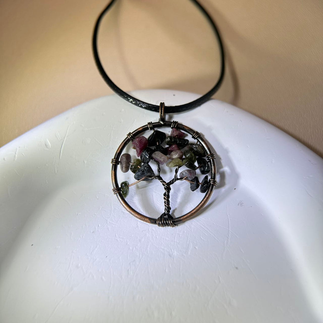 Rainbow Tourmaline Tree of Life Pendant Necklace 彩虹碧玺生命之树吊坠项链