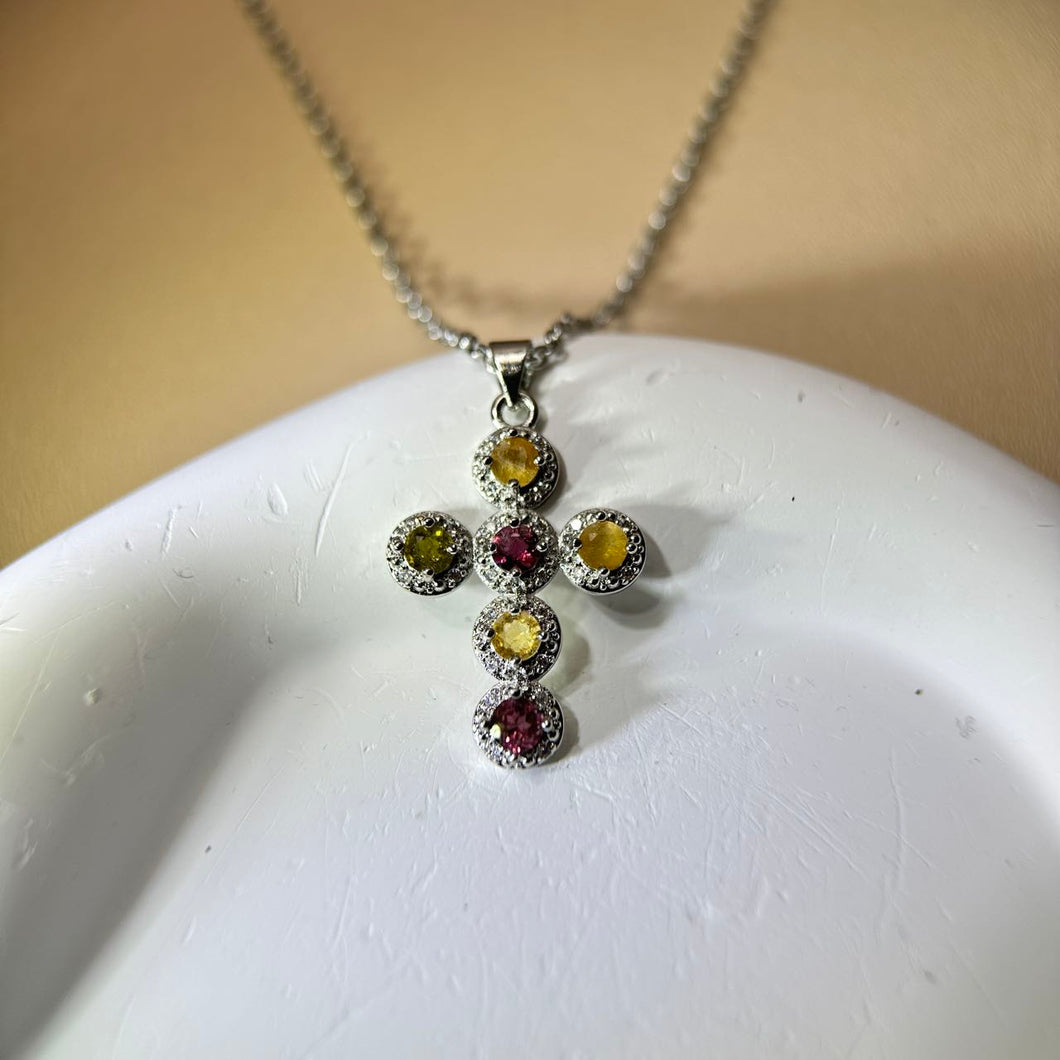 Rainbow Tourmaline Cross Pendant 彩虹碧玺镶嵌十字架吊坠