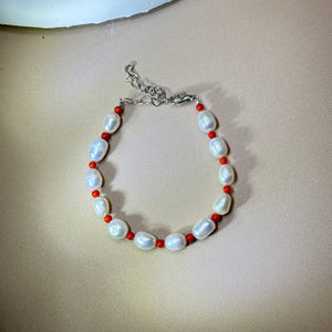 White Freshwater Pearl Red Coral Beads Bracelet 白色淡水珍珠红珊瑚珠链手链