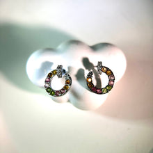 将图片加载到图库查看器，925 Silver Rainbow Tourmaline Earrings 彩虹碧玺镶嵌银耳钉
