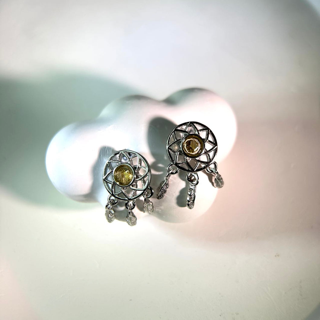 925 Silver Citrine Dream Catcher Earrings 黄水晶镶嵌捕梦网银耳钉