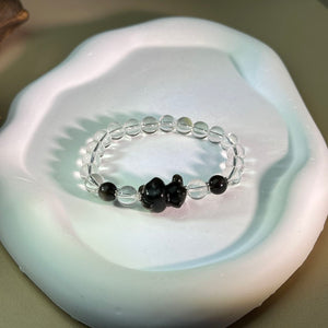 Silver Sheen Obsidian Teddy Bear Clear Quartz Beads Bracelet 银眼黑曜石小熊白水晶手串