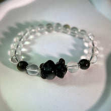 将图片加载到图库查看器，Silver Sheen Obsidian Teddy Bear Clear Quartz Beads Bracelet 银眼黑曜石小熊白水晶手串
