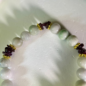 Green Jade Purple Garnet Beads Bracelet 糯种豆色翡翠紫牙乌手串