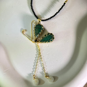 Malachite Butterfly Pendant Black Spinel Beads Necklace 孔雀石蝴蝶吊坠黑色尖晶石珠链项链