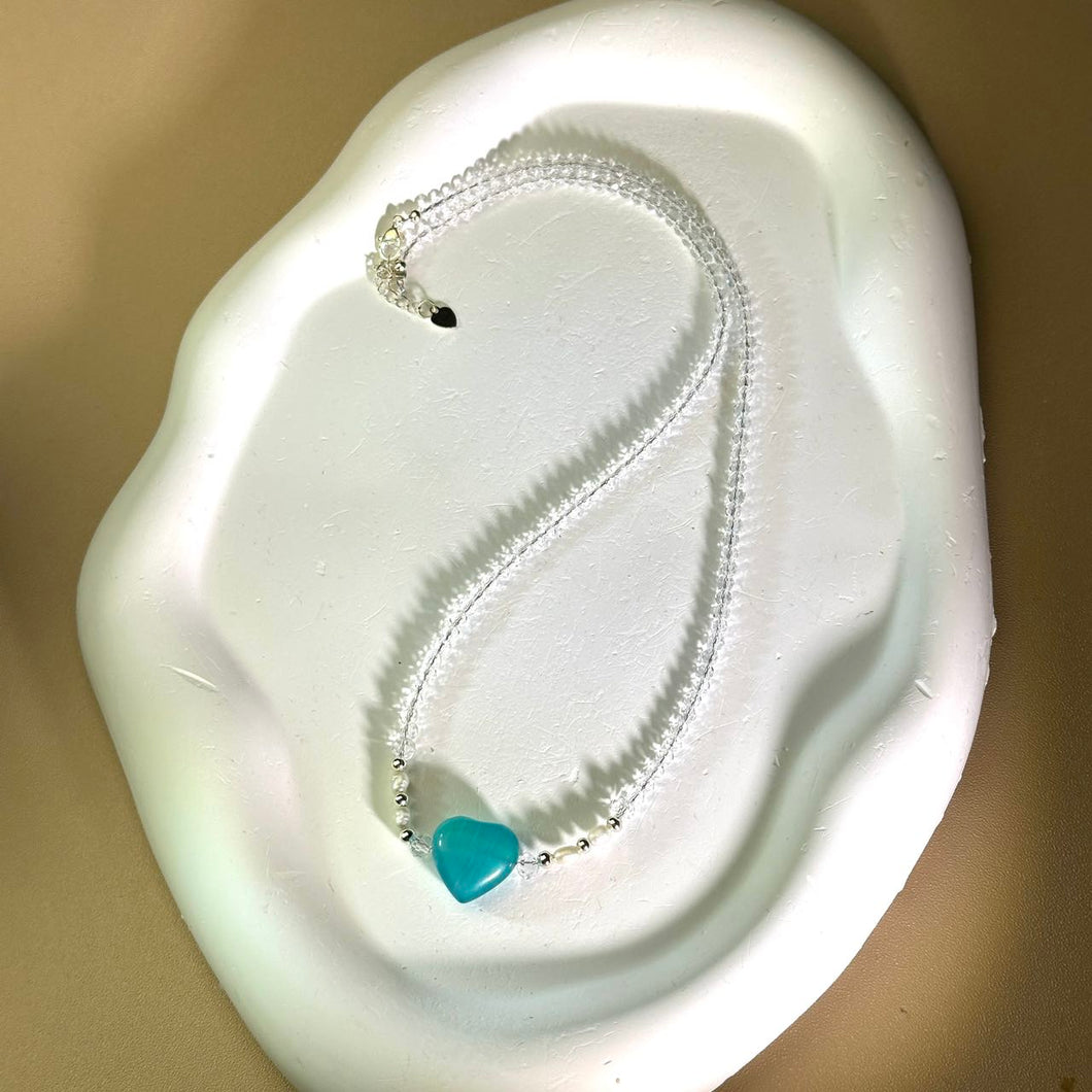 Amazonite Love Heart Clear Quartz Beads Chain Necklace 天河石爱心白水晶珠链项链