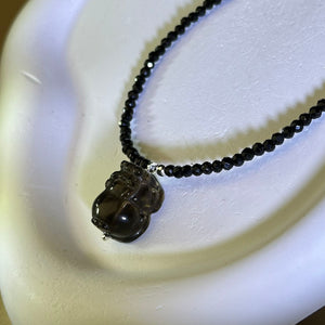 Smoky Quartz PIXIU Pendant Black Spinel Beads Necklace 茶水晶貔貅黑色尖晶石珠链项链