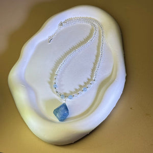 Aquamarine Pendant Clear Quartz Beads Necklace 海蓝宝吊坠白水晶珠链项链