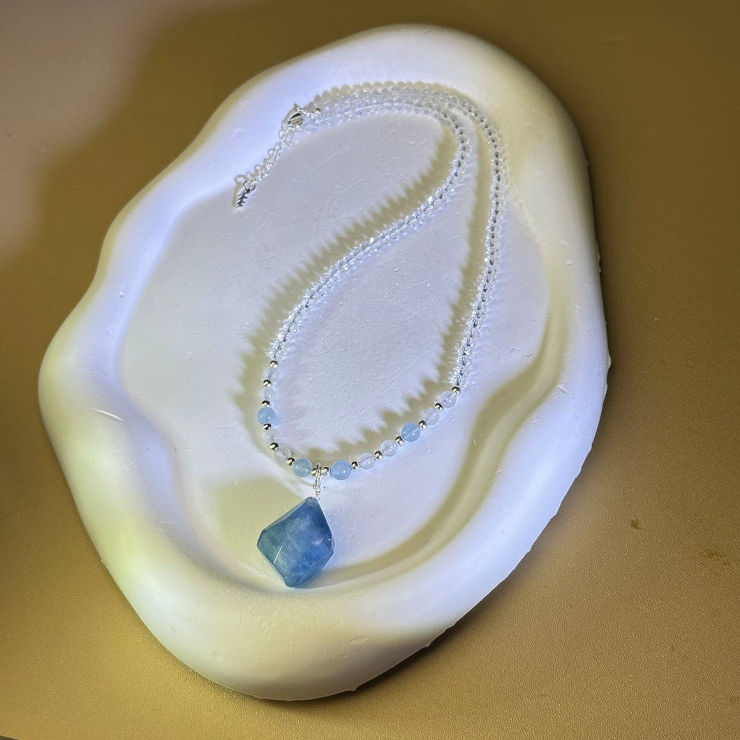 Aquamarine Pendant Clear Quartz Beads Necklace 海蓝宝吊坠白水晶珠链项链