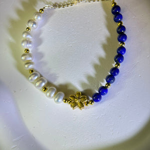 White FreshwaterLap Pearl Lapis Lazuli Beads Bracelet 白色淡水珍珠青金石珠链手链