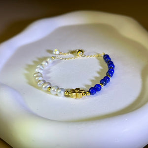 White FreshwaterLap Pearl Lapis Lazuli Beads Bracelet 白色淡水珍珠青金石珠链手链