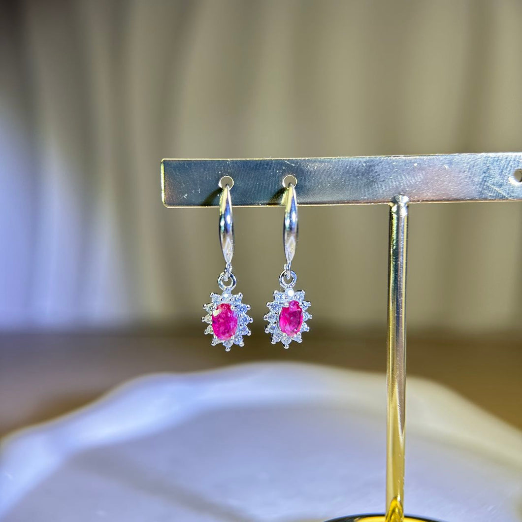 925 Silver Pink Ruby Earrings 粉色红宝石镶嵌银耳钩