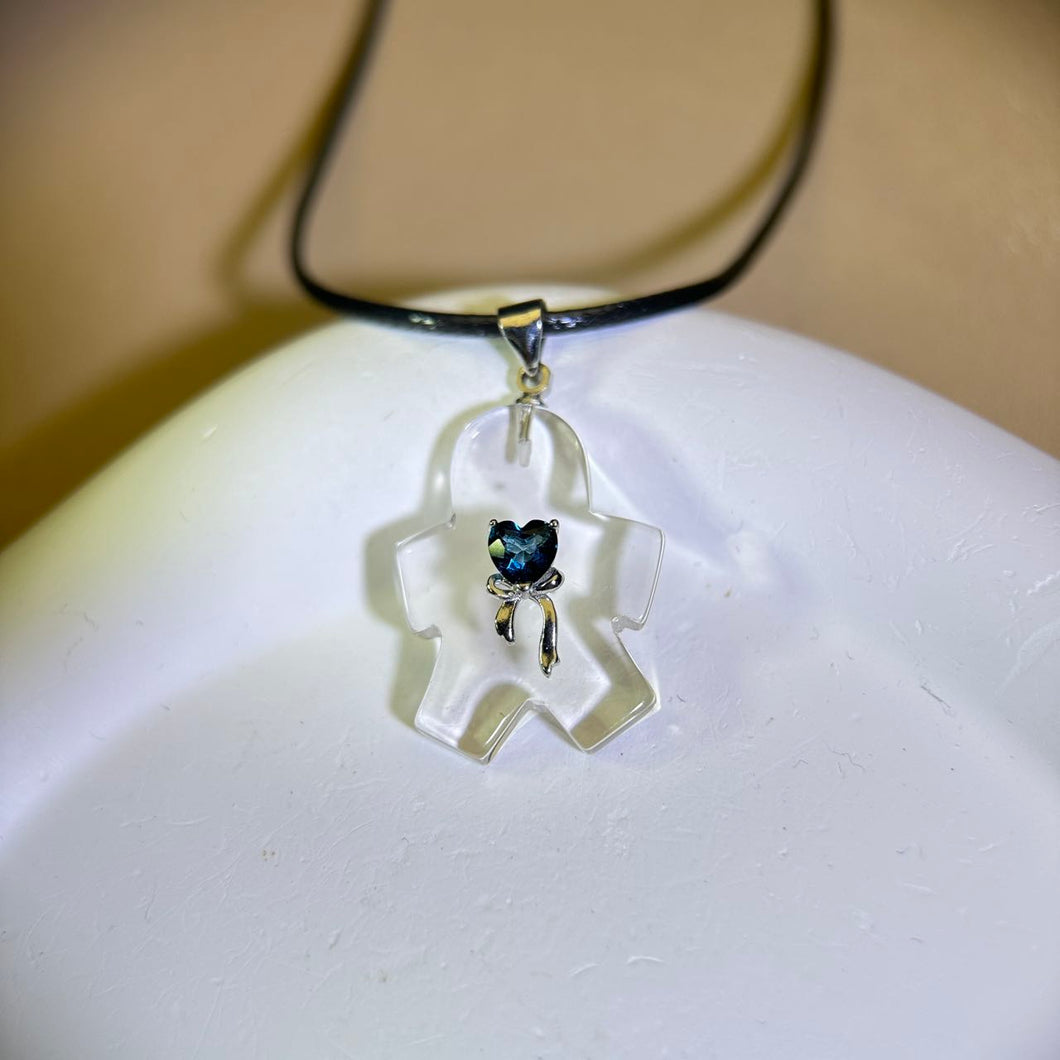 Clear Quartz London Blue Topaz Ginger Man Pendant Necklace 白水晶伦敦蓝托帕石镶嵌姜饼人吊坠项链