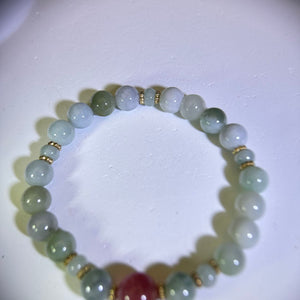 Red Strawberry Quartz Green Jade Beads Bracelet 红色草莓晶糯种豆色翡翠手串