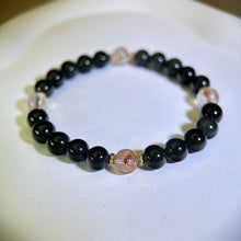 将图片加载到图库查看器，Rainbow Sheen Obsidian Red Hematoid Quartz Beads Bracelet 彩眼黑曜石红胶花水晶手串
