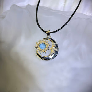 Larimar Moon and Sun Pendant Necklace 海纹石镶嵌星月吊坠项链