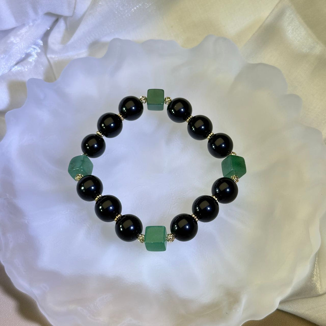 Obsidian Green Aventurine Cube Beads Bracelet 黑曜石绿色东陵玉方糖手串