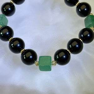 Obsidian Green Aventurine Cube Beads Bracelet 黑曜石绿色东陵玉方糖手串