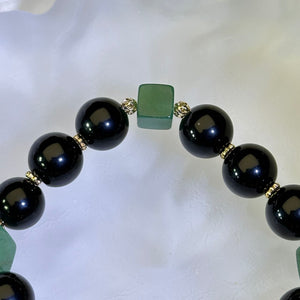 Obsidian Green Aventurine Cube Beads Bracelet 黑曜石绿色东陵玉方糖手串