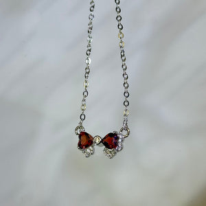 Ruby Garnet Bow Penant Necklace 酒红石榴石镶嵌蝴蝶结吊坠项链