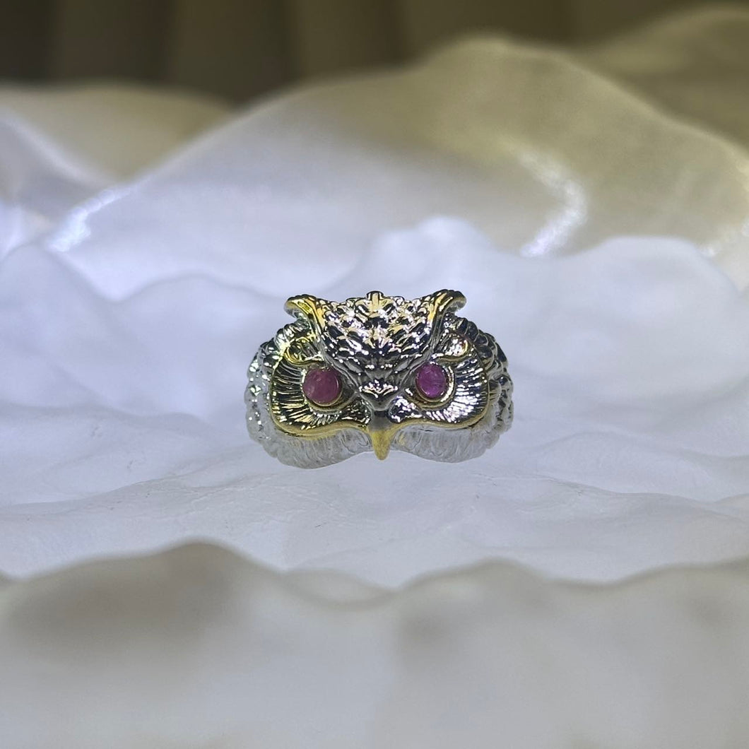 Pink Ruby Night Owl Adjustable Ring 粉色红宝石镶嵌猫头鹰活口戒指