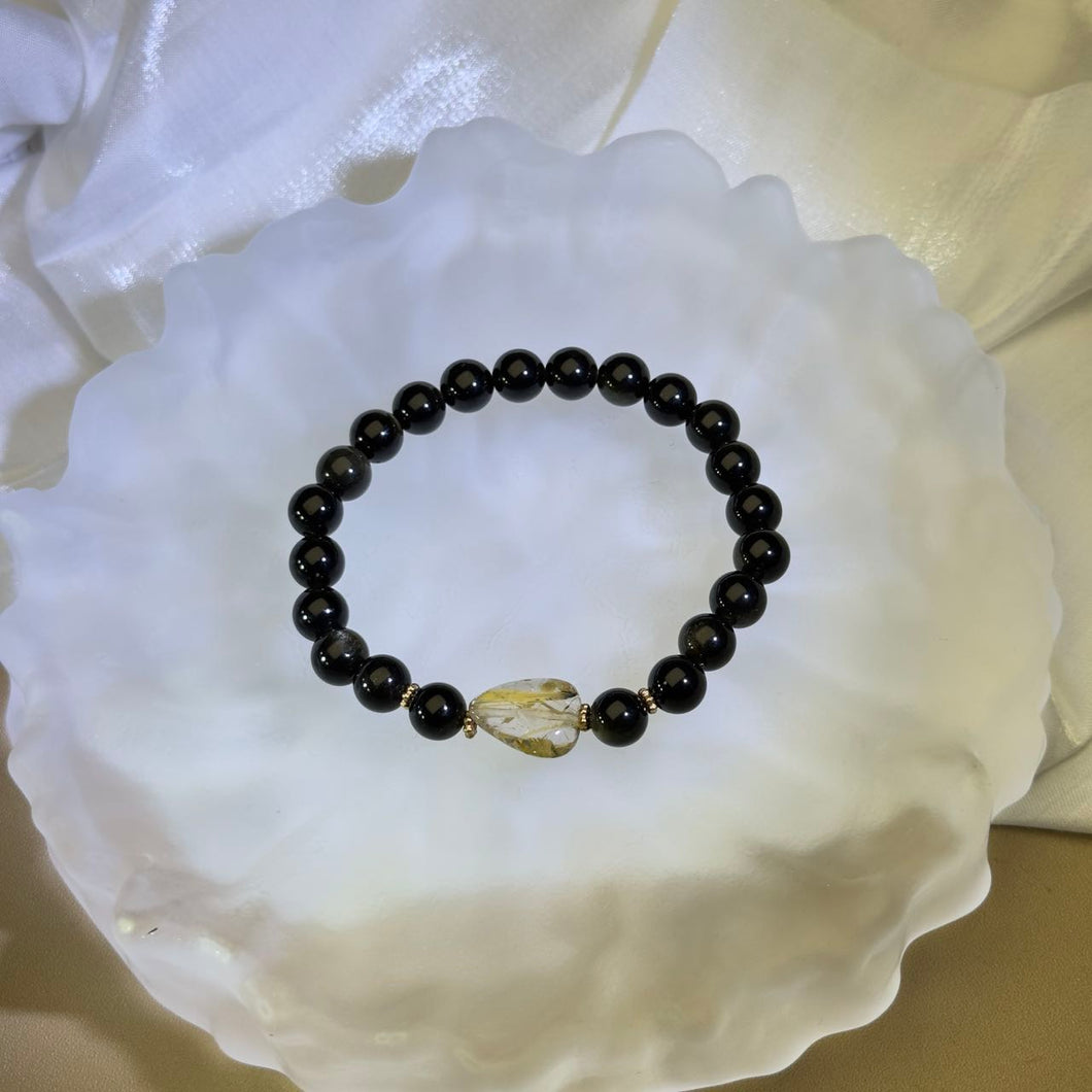 Golden Sheen Obsidian Golden Rutilated Quartz Beads Bracelet 金眼黑曜石金发晶水晶手串