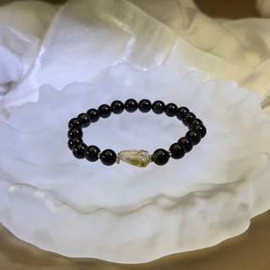 Golden Sheen Obsidian Golden Rutilated Quartz Beads Bracelet 金眼黑曜石金发晶水晶手串