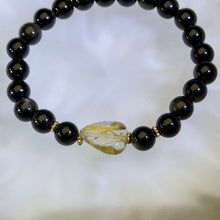 将图片加载到图库查看器，Golden Sheen Obsidian Golden Rutilated Quartz Beads Bracelet 金眼黑曜石金发晶水晶手串
