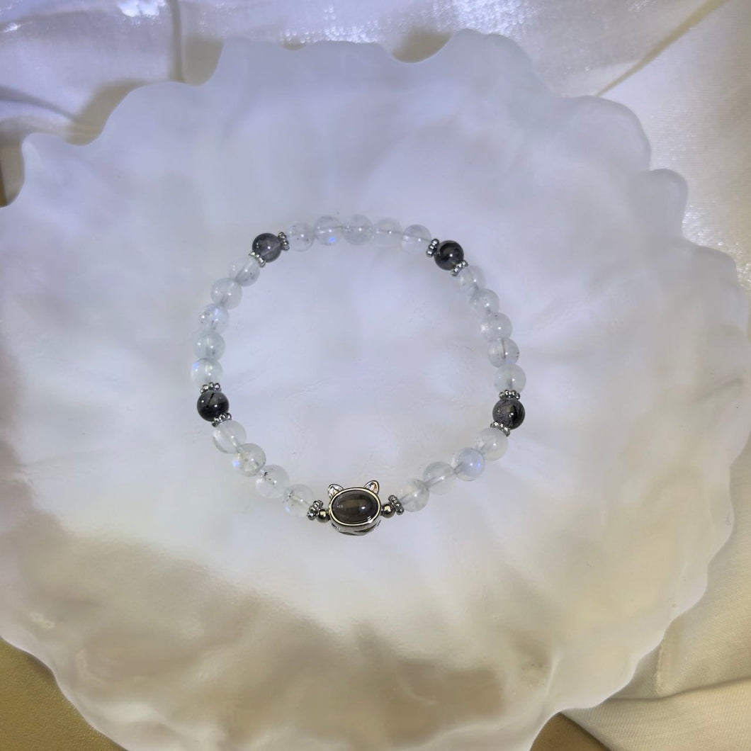 Moonstone Iolite Cat Beads Bracelet 冰长石月光石堇青石镶嵌猫头手串