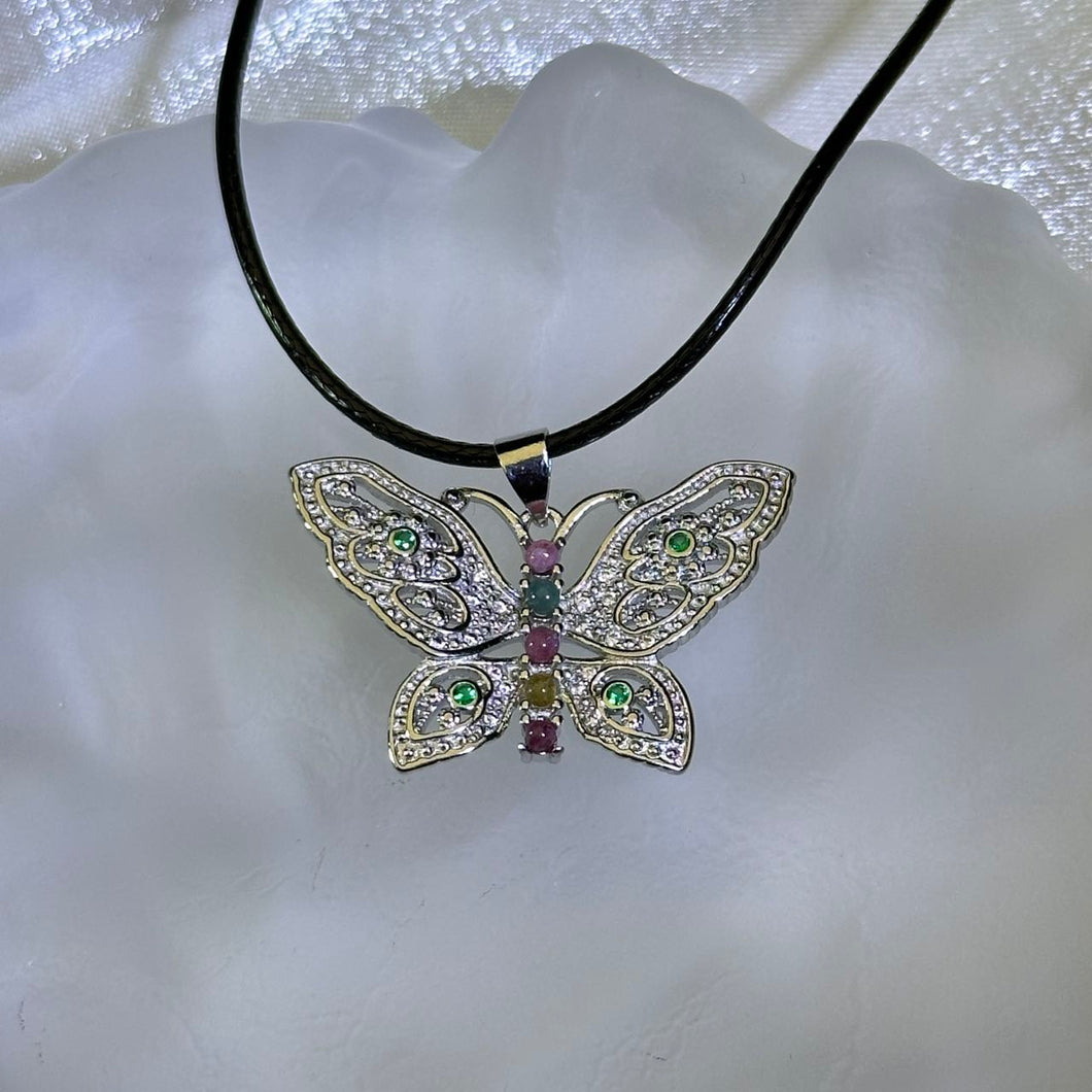 Rainbow Tourmaline Butterfly Pendant Necklace 彩虹碧玺镶嵌蝴蝶吊坠项链