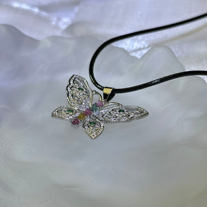 Rainbow Tourmaline Butterfly Pendant Necklace 彩虹碧玺镶嵌蝴蝶吊坠项链