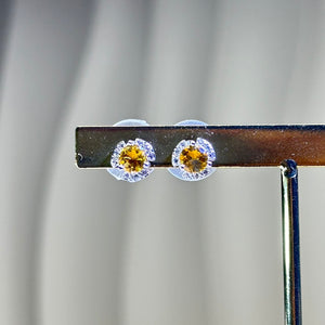 925 Silver Citrine Earrings 黄水晶镶嵌银耳钉