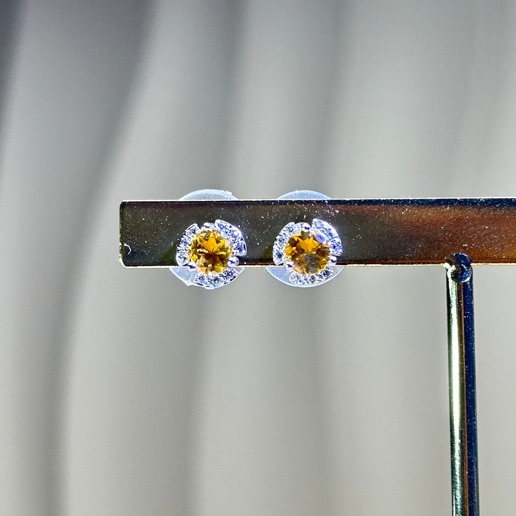 925 Silver Citrine Earrings 黄水晶镶嵌银耳钉