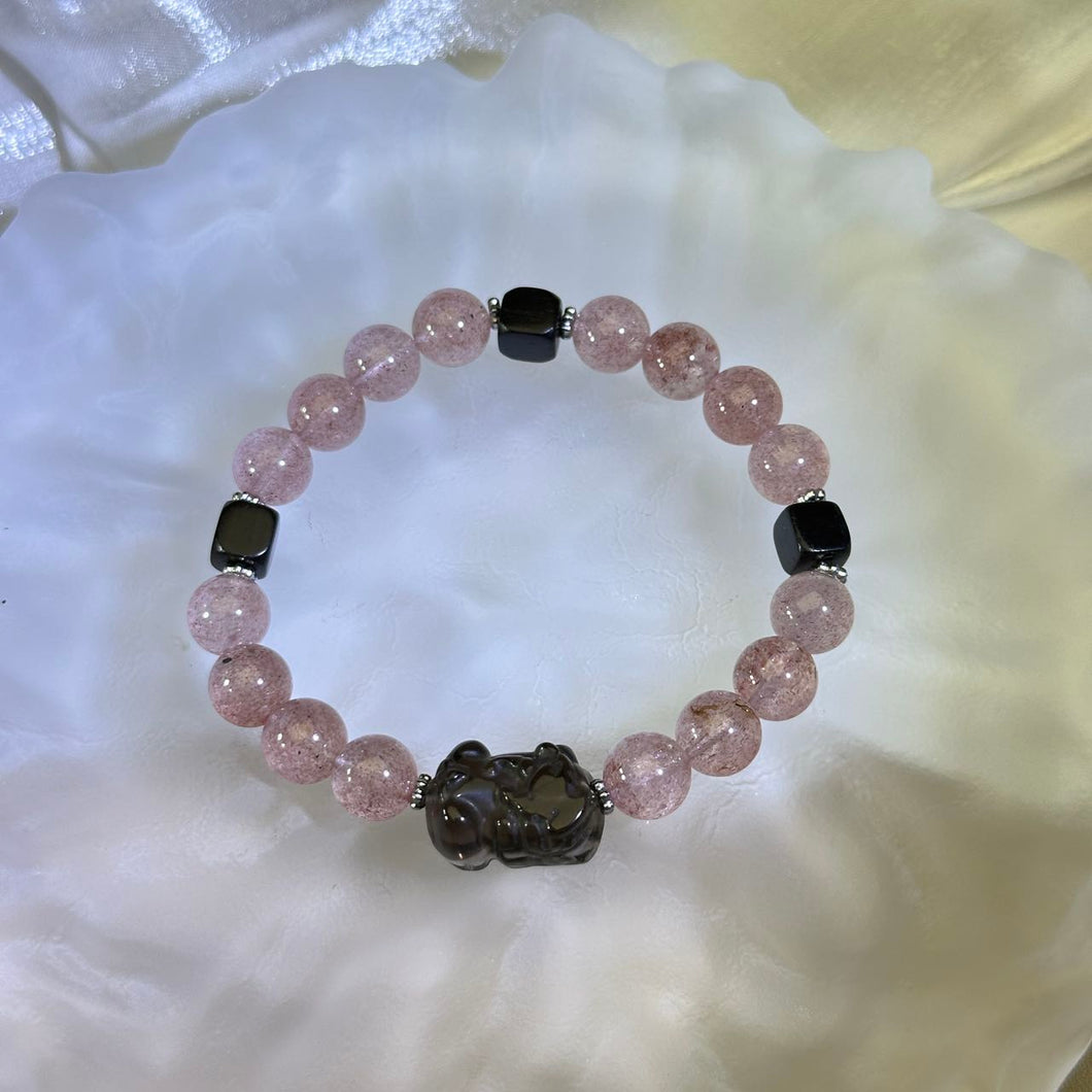 Smoky Quartz PIXIU Red Strawberry Quartz Beads Bracelet 茶水晶貔貅红色草莓晶手串